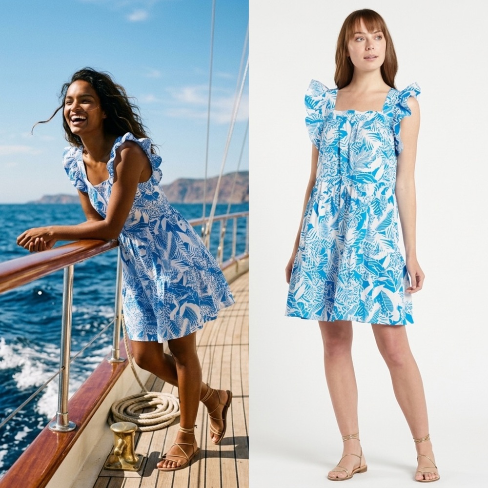 Marie Oliver Sailor Cotton Poplin Square Neck Mini Dress Sea Blue/White Small